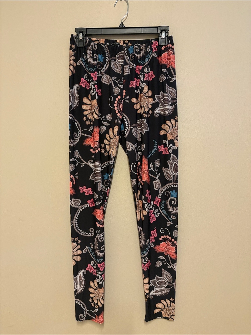 Black Floral Print Leggings with Multi-Color Accents